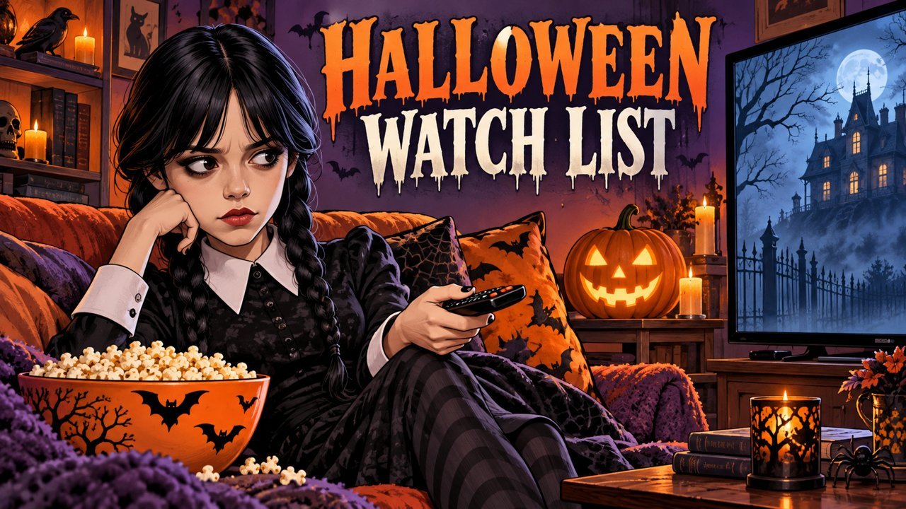 Editorial illustration of Jenna Ortega as Wednesday with a remote and Halloween decorations. Not an official poster.