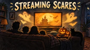 Halloween Movies to Stream in 2026: New Scares on Netflix, Hulu, Disney+, Max and More 2 Hand-drawn editorial illustration of a family on a couch watching Halloween movies on a glowing TV, with pumpkins, a black cat and friendly ghosts: streaming scares for Halloween 2026