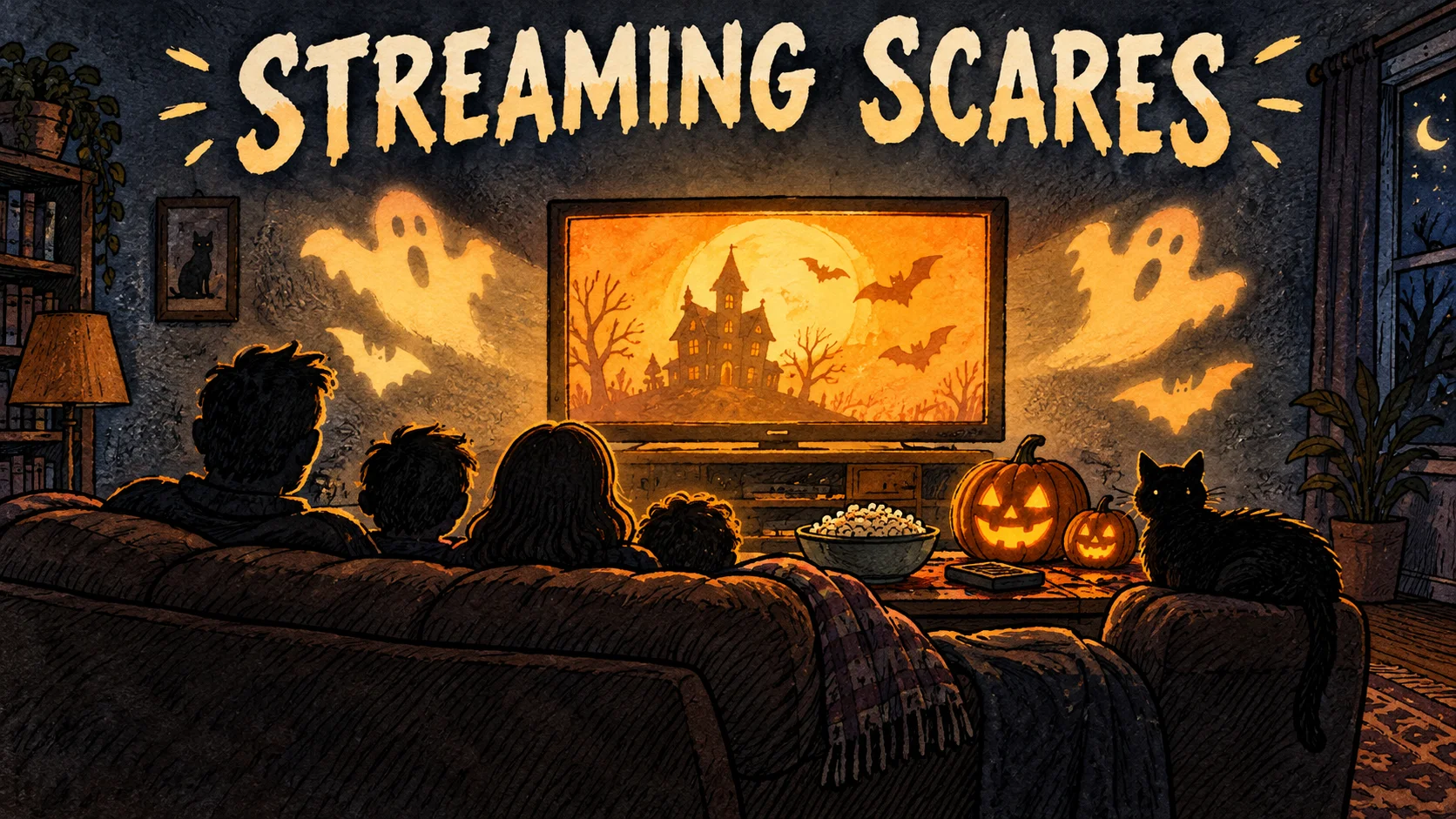 Hand-drawn editorial illustration of a family on a couch watching Halloween movies on a glowing TV, with pumpkins, a black cat and friendly ghosts: streaming scares for Halloween 2026