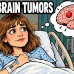 Grace Helbig Says She Has Two Brain Tumors and Will Have Surgery Wednesday Hand-drawn editorial cartoon of Grace Helbig in a hospital bed with a heart monitor and a brain with two red spots in a thought cloud. Headline: Two Brain Tumors. Illustration, not a photograph.