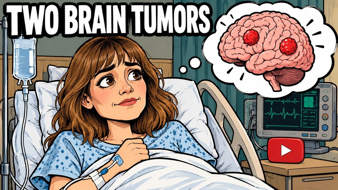 Hand-drawn editorial cartoon of Grace Helbig in a hospital bed with a heart monitor and a brain with two red spots in a thought cloud. Headline: Two Brain Tumors. Illustration, not a photograph.