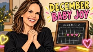 Editorial cartoon of Hilary Swank celebrating her third pregnancy with December calendar and glow sticks