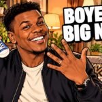 Editorial cartoon, not a photograph: John Boyega holding baby shoes and showing his wedding ring