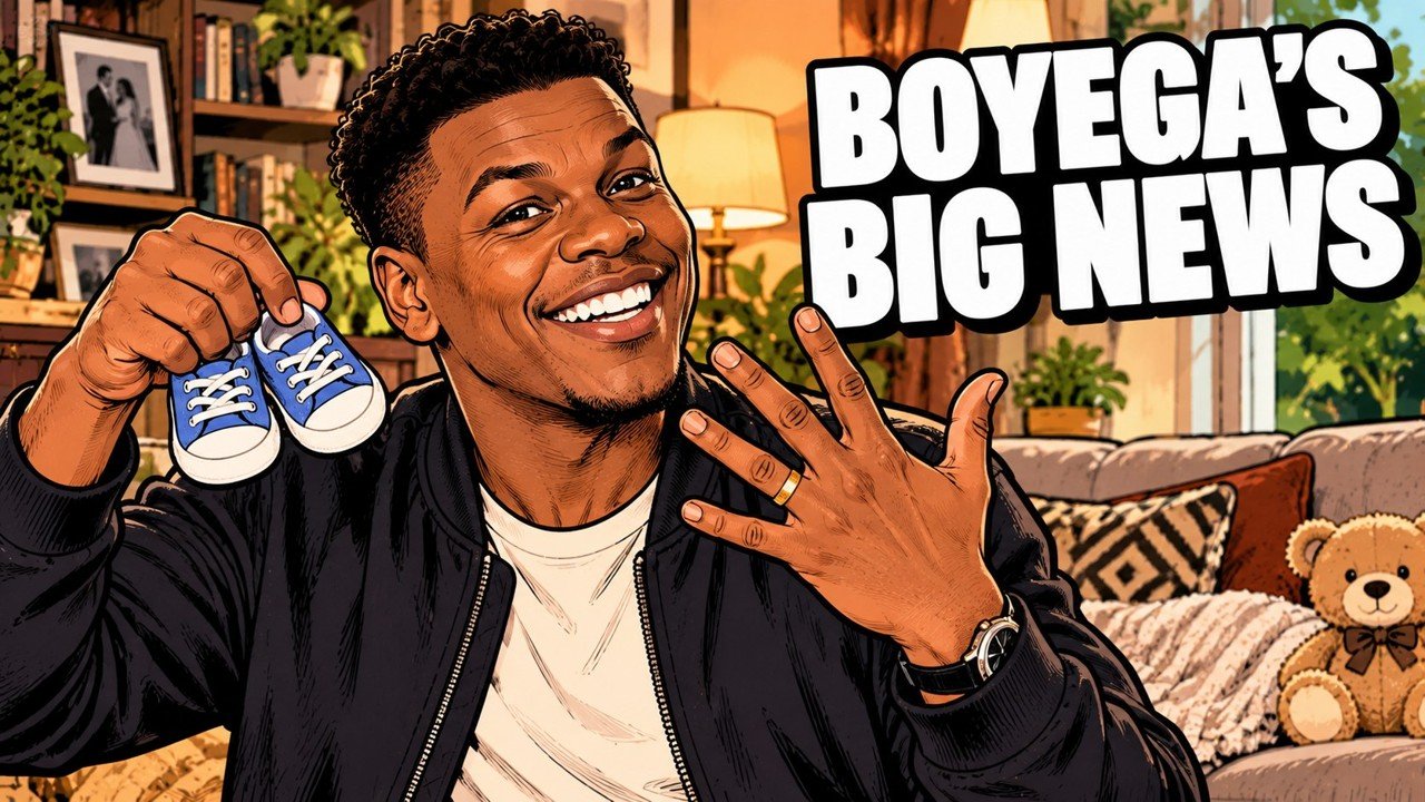 Editorial cartoon, not a photograph: John Boyega holding baby shoes and showing his wedding ring