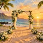 Tobey Maguire Officiates Ex Jennifer Meyer's Wedding to Geoffrey Ogunlesi Weeks After Their Divorce Was Finalized Editorial illustration of a beach wedding arch at sunset. It is not a photo of Jennifer Meyer, Geoffrey Ogunlesi or Tobey Maguire.