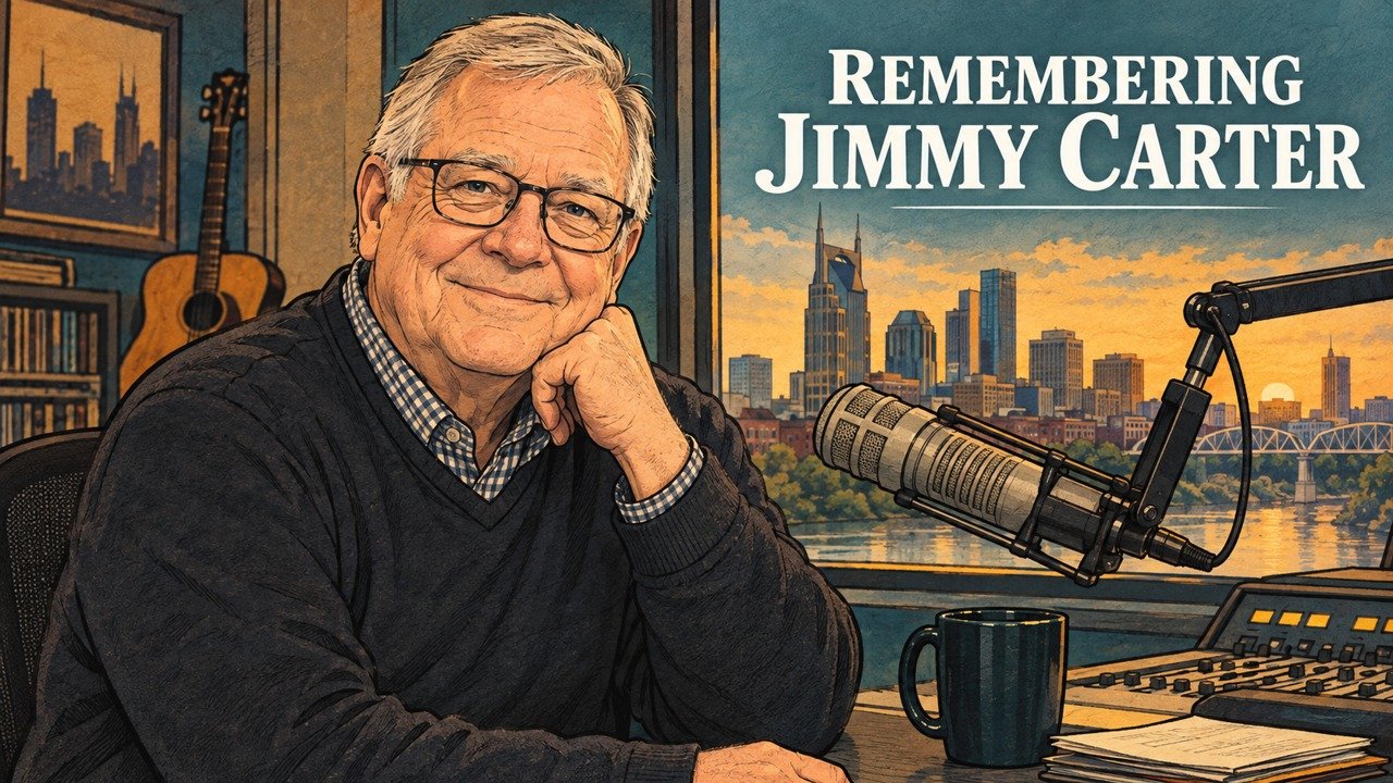 Jimmy Carter Nashville entertainment reporter editorial memorial cartoon in a radio studio