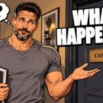 Editorial cartoon of Joe Manganiello shrugging outside a casting room door, not a photograph