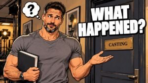Editorial cartoon of Joe Manganiello shrugging outside a casting room door, not a photograph