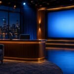 Editorial illustration of an empty late-night TV studio with a desk and microphone. Not a photo of the show or any real person.