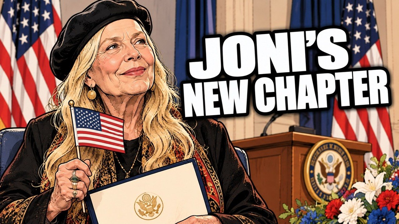 Joni Mitchell U.S. citizenship editorial cartoon, not a photograph