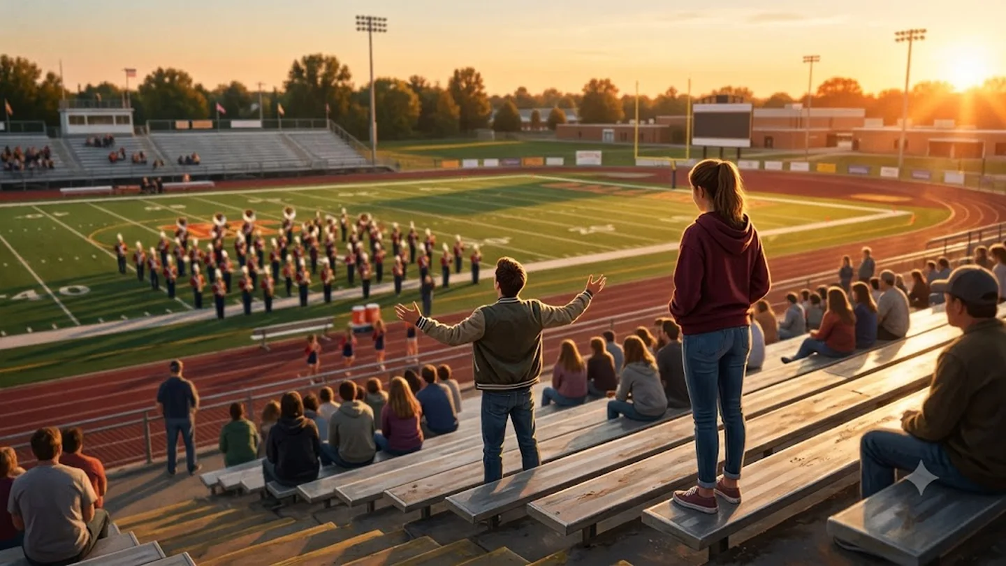 Illustration of a stadium bleachers serenade at golden hour, evoking the 10 Things I Hate About You scene Julia Stiles honors on DWTS Dedication Night