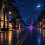 Keegan Allen Says He's "on the Mend" After West Hollywood Armed Robbery Editorial illustration of an empty city boulevard at night with palm trees. Not a photo of the scene or any real person.