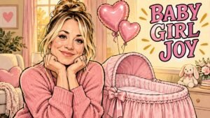 Editorial cartoon of Kaley Cuoco celebrating her second baby beside an empty bassinet