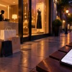 Kelly Clarkson Pretty Woman store: upscale boutique at dusk with shopping bags on the sidewalk