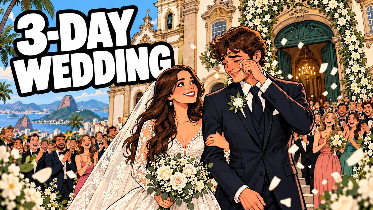 Conor Kennedy Marries Brazilian Pop Star Giulia Be in a Three-Day Rio Wedding 2 Hand-drawn editorial cartoon of a bride and a tearful groom leaving a historic church in Rio de Janeiro as guests applaud. Headline: 3-Day Wedding. Illustration, not a photograph.