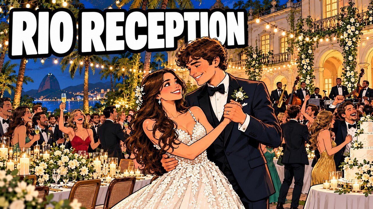 Conor Kennedy Marries Brazilian Pop Star Giulia Be in a Three-Day Rio Wedding 3 Hand-drawn editorial cartoon of a bride and groom dancing at a night reception in a Rio de Janeiro garden with guests, string lights and a band. Headline: Rio Reception. Illustration, not a photograph.