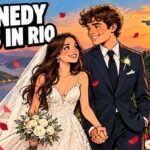 Hand-drawn editorial cartoon of a bride and groom holding hands in front of the Christ the Redeemer statue in Rio de Janeiro at sunset. Headline: Kennedy Weds in Rio. Illustration, not a photograph.
