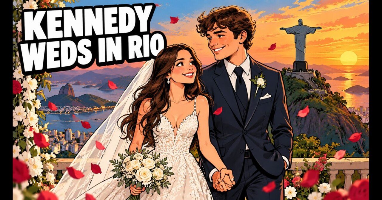 Hand-drawn editorial cartoon of a bride and groom holding hands in front of the Christ the Redeemer statue in Rio de Janeiro at sunset. Headline: Kennedy Weds in Rio. Illustration, not a photograph.