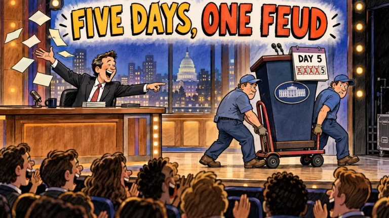 Editorial cartoon of a late-night host trading jokes with a besieged White House press secretary across a week calendar, headline Five Days One Feud