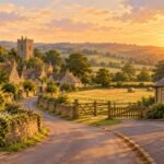 Kelly Osbourne Says She Has Gained Two Stone Since the BRITs and Has Moved Her Son to England Editorial illustration of an English village at golden hour. It is not a photo of Kelly Osbourne or her family.