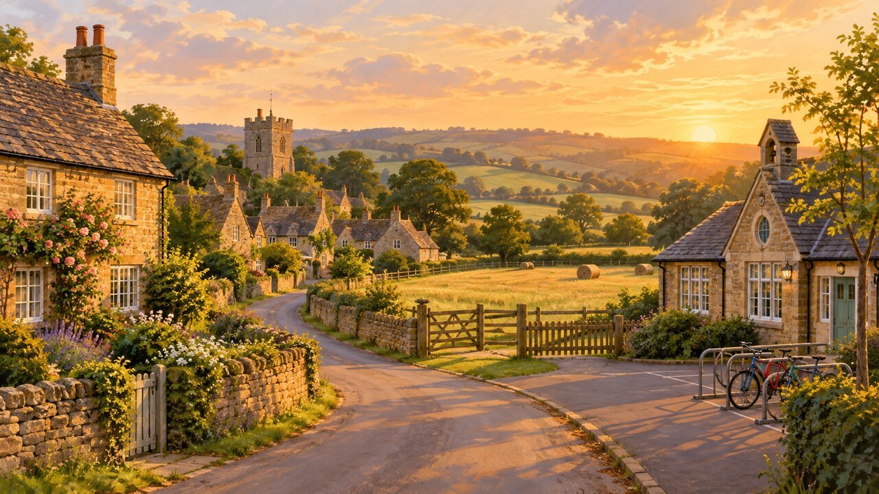 Editorial illustration of an English village at golden hour. It is not a photo of Kelly Osbourne or her family.