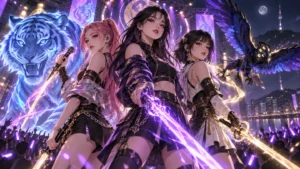 Illustration of three K-pop idol demon hunters on a neon Seoul stage with a spectral tiger and magpie, Kpop Demon Hunters ending explained