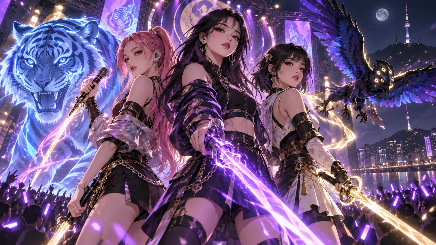 Illustration of three K-pop idol demon hunters on a neon Seoul stage with a spectral tiger and magpie, Kpop Demon Hunters ending explained