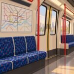 Editorial illustration of an empty London underground carriage. Not a photo of the royals or the real train.