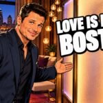 Editorial cartoon, not a photograph: Nick Lachey welcoming singles to Love Is Blind Season 11 in Boston