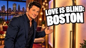 Editorial cartoon, not a photograph: Nick Lachey welcoming singles to Love Is Blind Season 11 in Boston