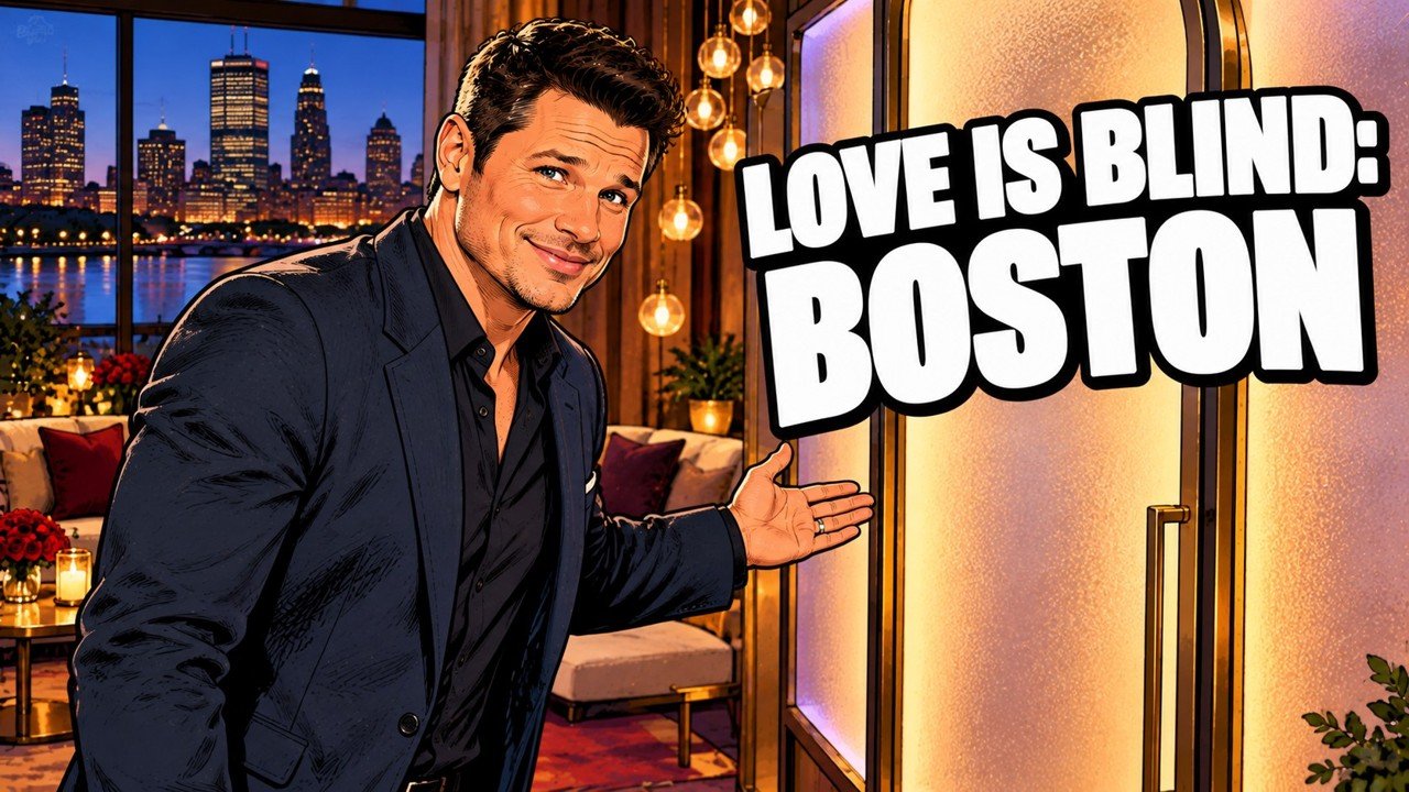 Editorial cartoon, not a photograph: Nick Lachey welcoming singles to Love Is Blind Season 11 in Boston
