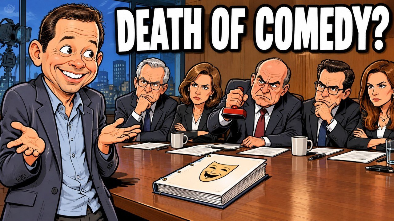 Chuck Lorre memoir Sitcom editorial cartoon of Jon Cryer facing CBS executives, not a photograph