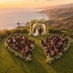 Rob Lowe's Son Matthew Marries Emily Markus in Santa Barbara, With Gwyneth Paltrow Officiating Editorial illustration for the Matthew Lowe wedding story: an outdoor lawn ceremony with a floral chuppah, not a photo of the actual wedding