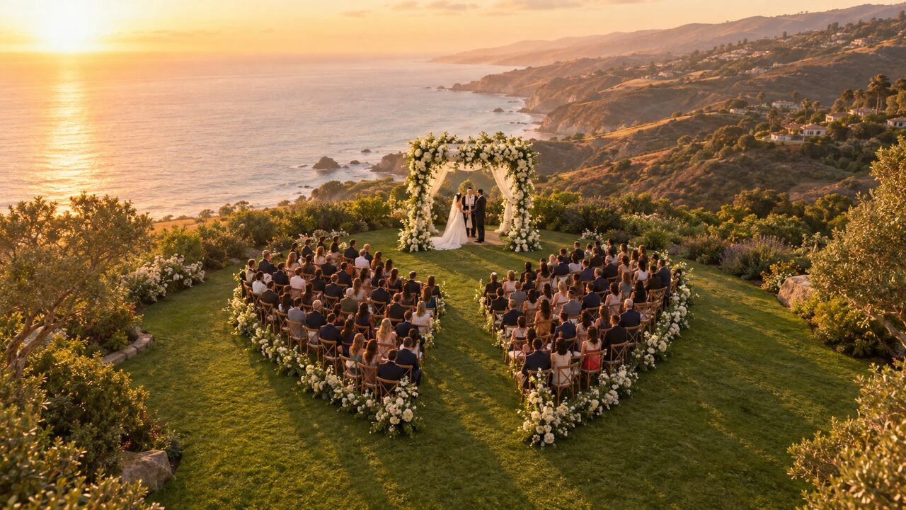 Editorial illustration for the Matthew Lowe wedding story: an outdoor lawn ceremony with a floral chuppah, not a photo of the actual wedding
