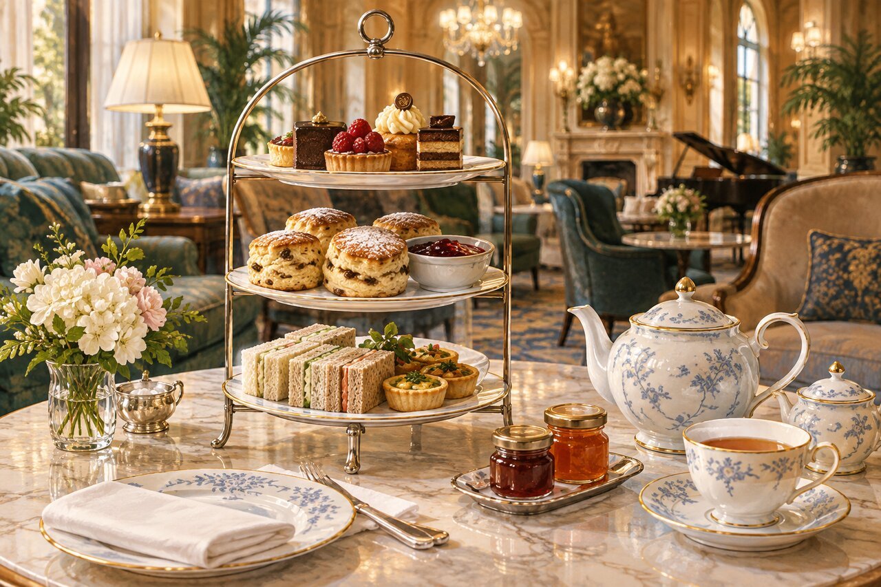 Editorial illustration of an afternoon tea table with a teapot, scones and jam. Not a photo of Meghan Markle, Malala Yousafzai or the actual event.