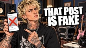 Machine Gun Kelly Megan Fox fake-post editorial cartoon, not a photograph