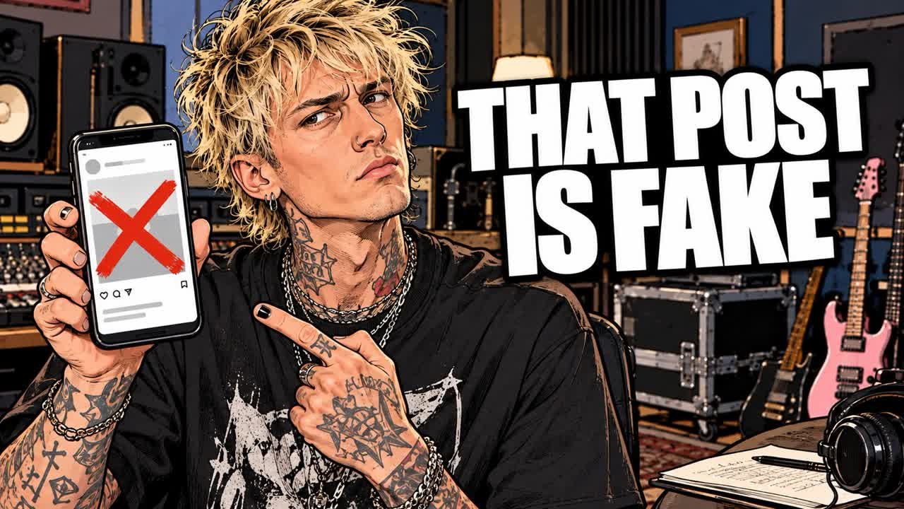 Machine Gun Kelly Megan Fox fake-post editorial cartoon, not a photograph