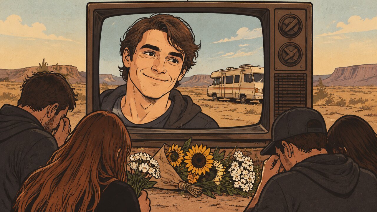 Hand-drawn editorial cartoon of RJ Mitte smiling on an old TV showing a desert RV, with fans holding flowers. Illustration, not a photograph.