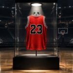 Michael Jordan 1998 NBA Finals Jersey Sells for $14 Million, a Basketball Memorabilia Record Editorial illustration of a red basketball jersey in a museum case. Not a photo of the real jersey or any real person.