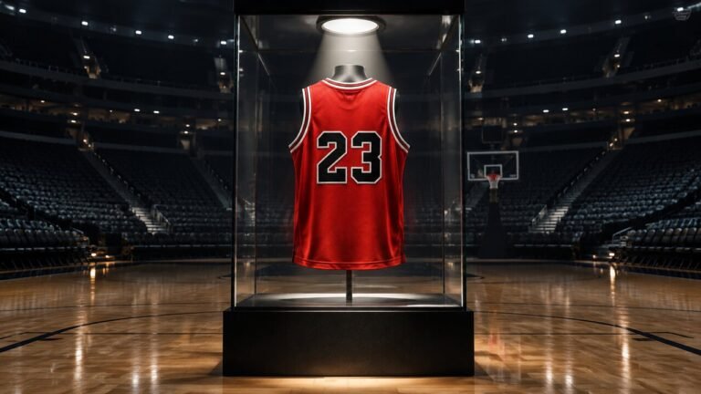 Editorial illustration of a red basketball jersey in a museum case. Not a photo of the real jersey or any real person.