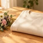 Editorial illustration of a folded cream sweatshirt and flowers. Not a photo of the real sweatshirt or Meghan.
