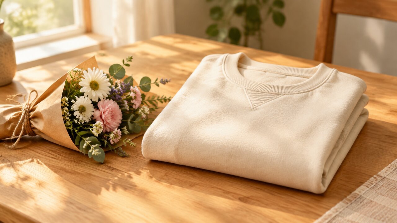 Editorial illustration of a folded cream sweatshirt and flowers. Not a photo of the real sweatshirt or Meghan.