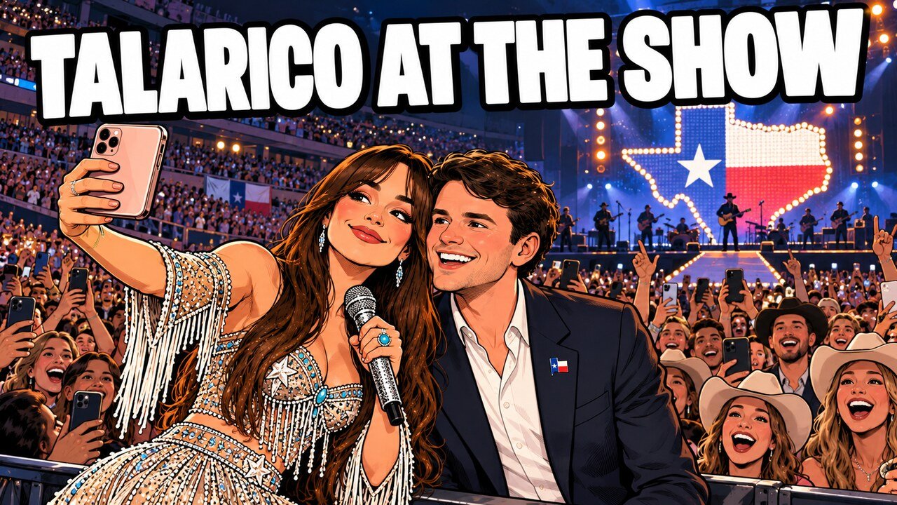 Hand-drawn editorial cartoon of singer Kacey Musgraves taking a selfie with a Texas Senate candidate in the front row of a packed Dallas arena. Headline: Talarico at the Show. Illustration, not a photograph.