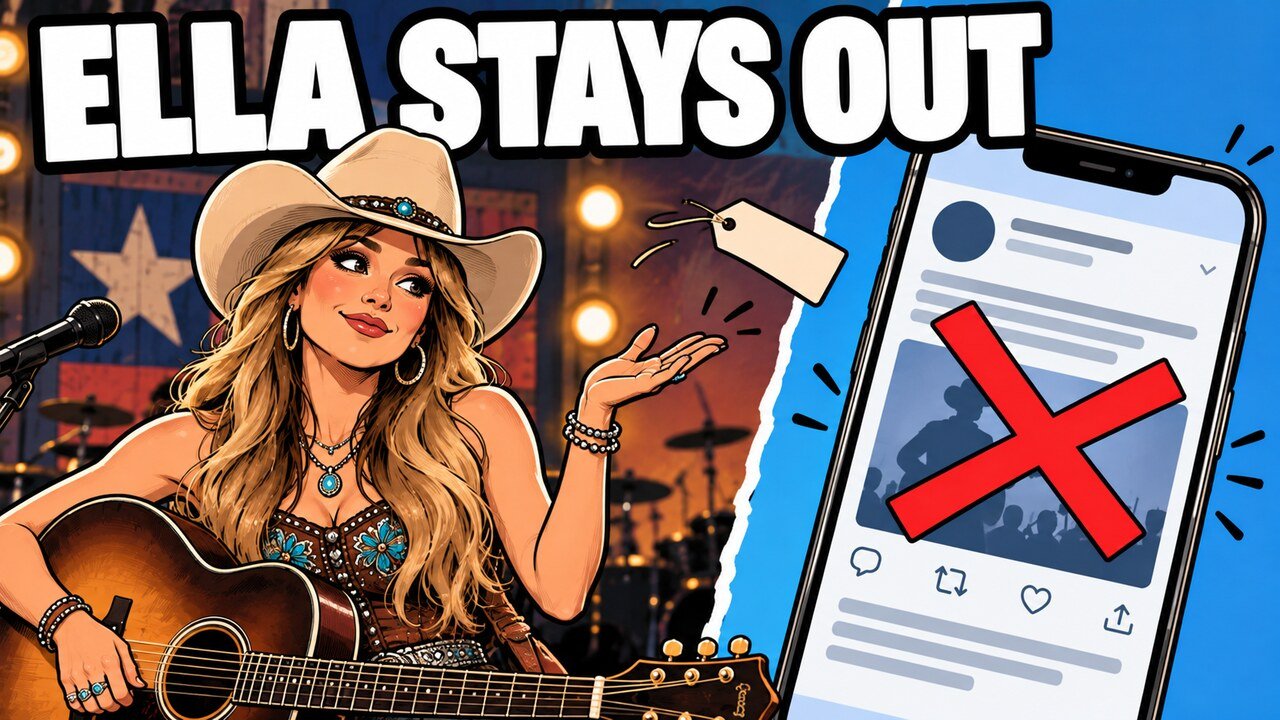 Hand-drawn editorial cartoon of country singer Ella Langley with a guitar shrugging as a name tag floats away, beside a phone showing a post crossed out with a red X. Headline: Ella Stays Out. Illustration, not a photograph.
