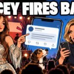 Kacey Musgraves Fires Back at Kristi Noem After Noem Picks Ella Langley Over Her Hand-drawn editorial cartoon of singer Kacey Musgraves on stage pointing at a social-media post on a phone while a shocked woman in a blazer reads her own phone, with a small dog between them. Headline: Kacey Fires Back. Illustration, not a photograph.