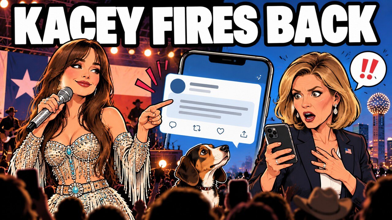 Hand-drawn editorial cartoon of singer Kacey Musgraves on stage pointing at a social-media post on a phone while a shocked woman in a blazer reads her own phone, with a small dog between them. Headline: Kacey Fires Back. Illustration, not a photograph.