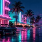 Michael B. Jordan and Austin Butler Debut as Tubbs and Crockett in "Miami Vice '85" First Look Editorial illustration of a neon 1980s Miami street at night. Not a still from the film.