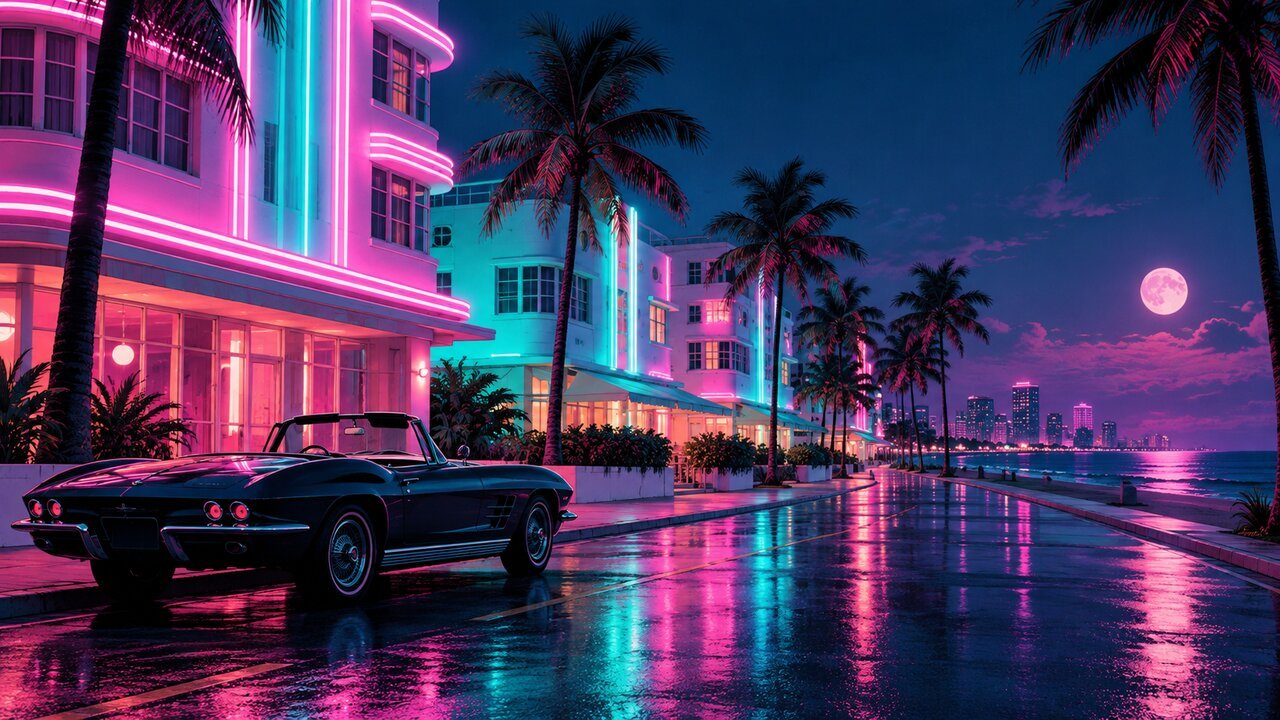 Editorial illustration of a neon 1980s Miami street at night. Not a still from the film.