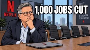 Netflix Layoffs: About 1,000 Jobs Cut Across Product, Tech, Legal and HR Netflix layoffs: Ted Sarandos beside empty office chairs. Editorial cartoon, not a photograph.