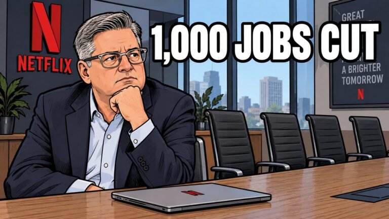 Netflix layoffs: Ted Sarandos beside empty office chairs. Editorial cartoon, not a photograph.